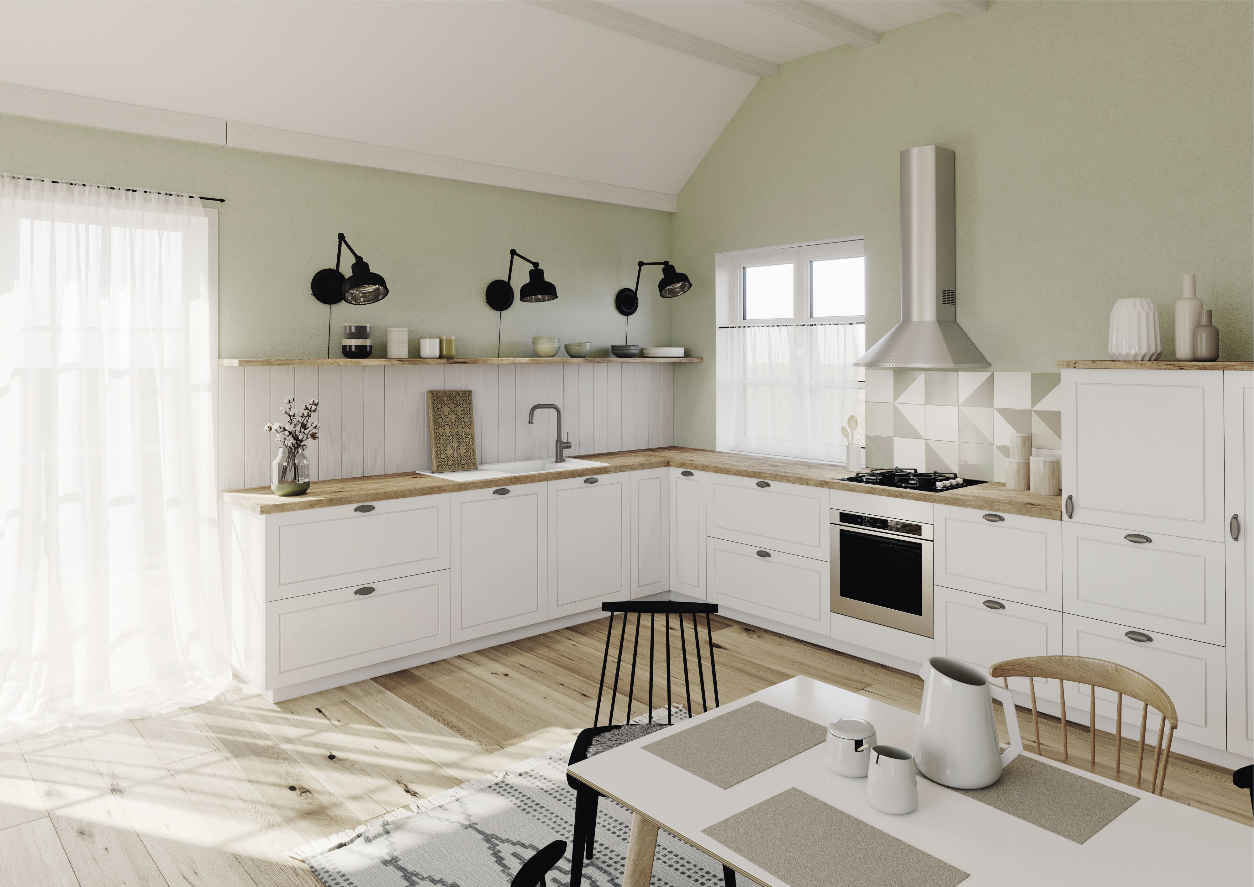 Eine offene Küche mit weißen Fronten und der BLANCO Faron Spüle